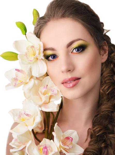 Bella donna con orchidea — Foto Stock