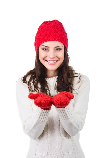 Mujer de Navidad mostrando las manos abiertas —  Fotos de Stock