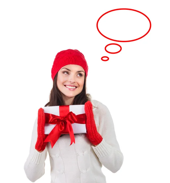 Mujer de Navidad con caja de regalo soñando con algo —  Fotos de Stock