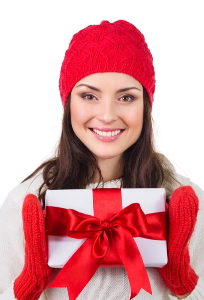 Donna di Natale con scatola regalo Immagini Stock Royalty Free