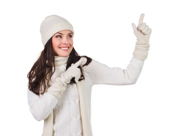 Mulher de Natal mostrando mão aberta — Fotografia de Stock