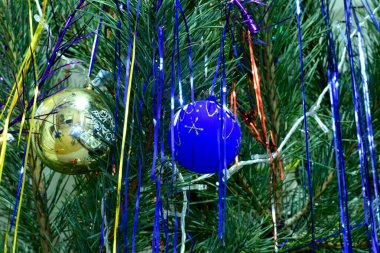 Farklı renkte cam toplar Noel ağacında asılı..