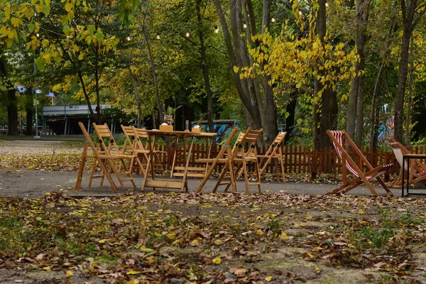 Meubles en bois d'un café de rue dans un parc d'automne. — Photo
