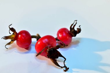 Fotoğrafta kırmızı gül kalçaları beyaz bir masada yatıyor..