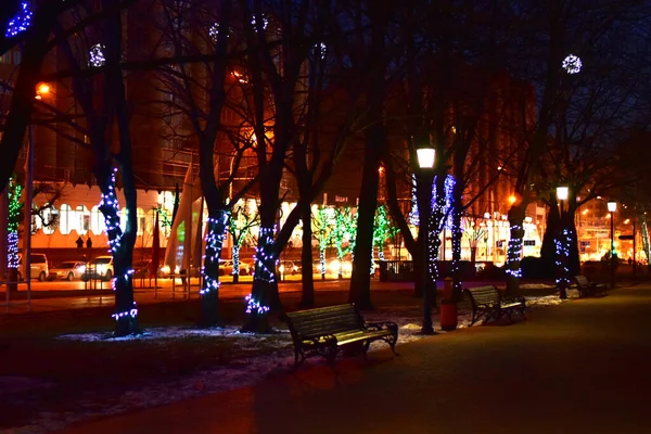 Resim Geceleri Şehrin Ağaçların Tepesinde Parlayan Vitrinleri Noel Işıklarını Gösteriyor — Stok fotoğraf