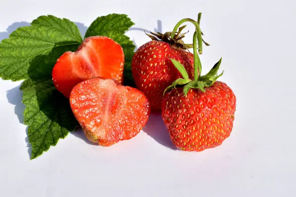 Auf Einem Weißen Tisch Liegen Mehrere Reife Saftige Erdbeeren Von — Stockfoto