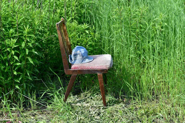 Krzesło stoi pod ścianą zielonej trawy. — Zdjęcie stockowe