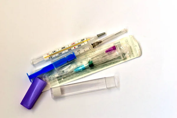 Syringes Thermometer Case Lie White Background — Stockfoto