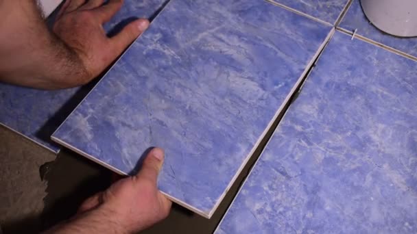 You Can See Hands Master Who Lay Ceramic Tiles Floor — Wideo stockowe