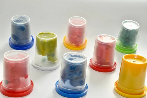Picture Children Plasticine Transparent Jars Stands White Background —  Fotos de Stock