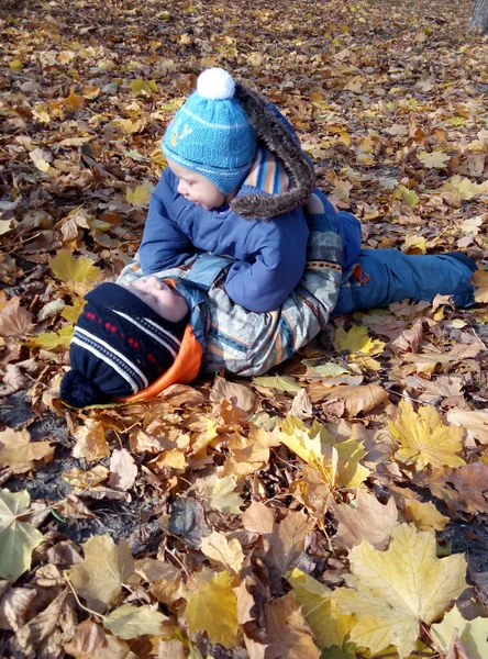 İki çocuk parkta kuru yapraklara uzanıyor, bebek ağabeyine uzanıyor ve ona bakıyor..