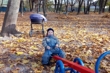 Sıcak giyimli bir çocuk sonbahar parkında salıncakta sallanıyor ve kuru yapraklar etrafa saçılıyor..