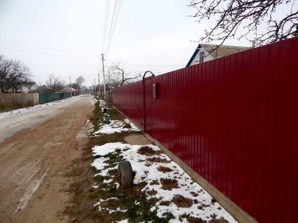 Picture Shows Fence Made Profiled Red Sheet Metal Rural Road — Photo