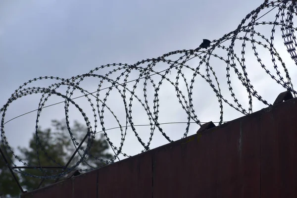 Picture Shows Views Barbed Wire Fixed High Fence — 图库照片