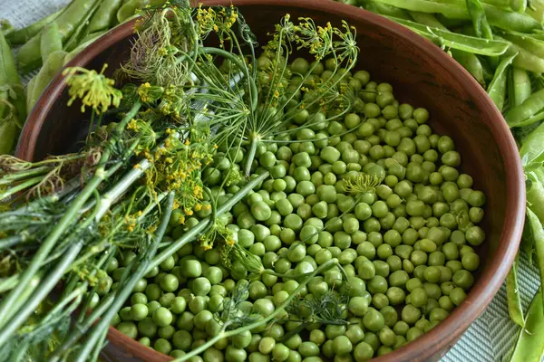 Green Peas Several Branches Dill Lie Clay Plate — Foto de Stock