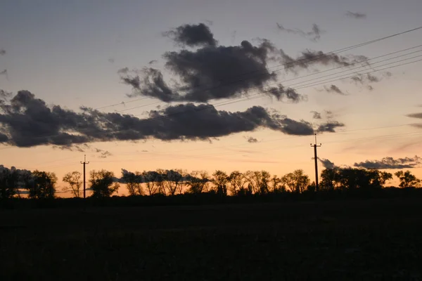 Sunset, dark clouds, dark earth and tree silhouettes against the orange horizon.