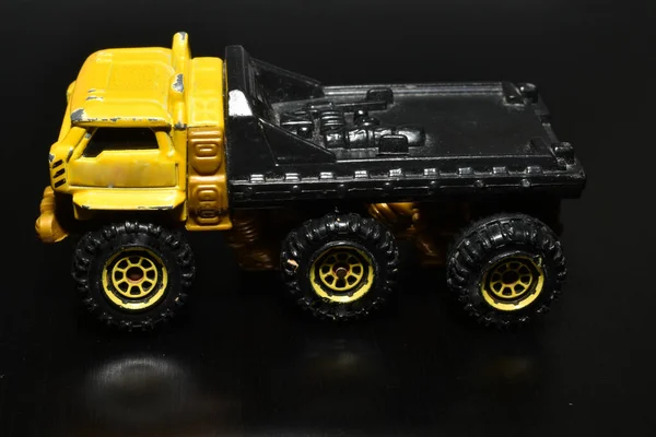 Dark Background Children Toy Old Truck Yellow Cab — Zdjęcie stockowe
