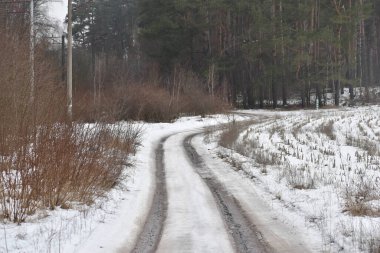 The picture shows a dirt road covered with snow along the edge of the forest.