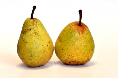 Resimde, beyaz arka planda iki olgun sarı armut var..