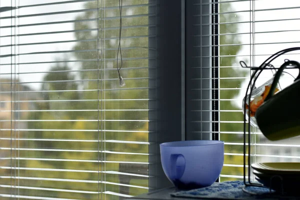 Resimde plastik çerçeveli bir pencere, açık metal güneşlikler ve mavi bir cam var..