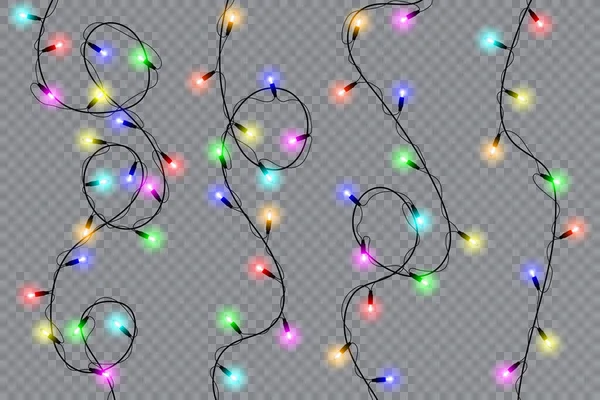 Set Luci Natale Isolati Elementi Design Realistici Luci Luminose Natale — Vettoriale Stock