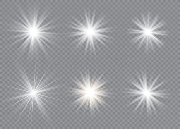 Σετ Από Λαμπερά Αστέρια Ηλιοφως Ημιδιαφανές Ειδικό Εφέ Φωτός Σχεδιασμού — Διανυσματικό Αρχείο