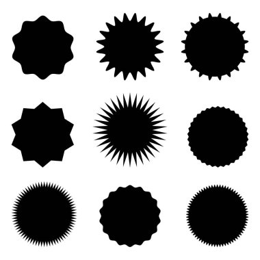 Üzerinde yıldız oluşumu ya da güneş ışınları olan çıkartmalar. Eski etiketler, çıkartmalar. Tasarım elemanları. Vektör illüstrasyonu.