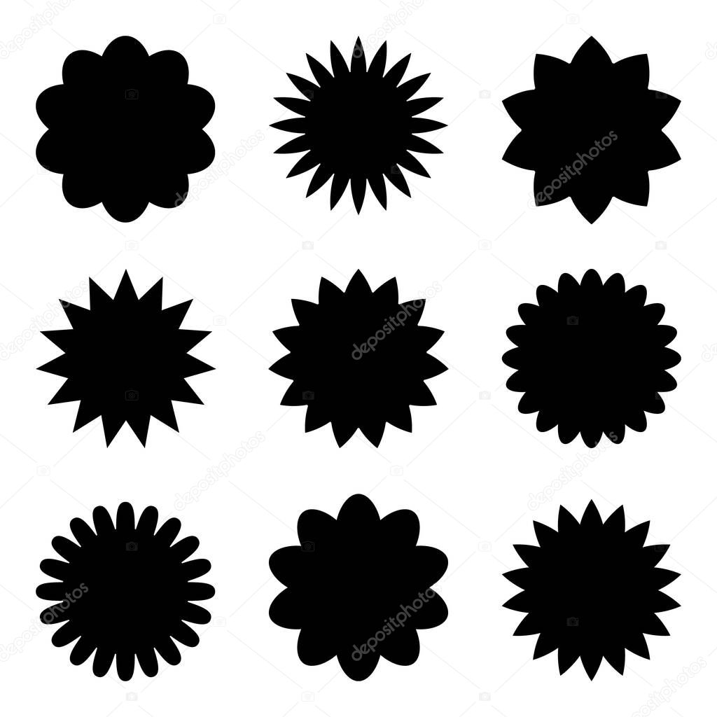 Set of stickers with an image of star formation or sun rays. Vintage labels, stickers. Design elements. Vector illustration.