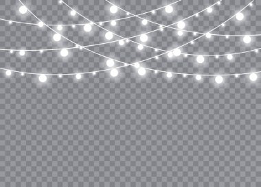 Şeffaf arka planda izole edilmiş Noel ışıkları. Parlayan Xmas çelengi. Vektör illüstrasyonu.