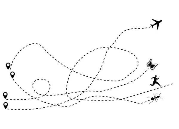 Linia Punktowana Trasy Samolotu Motyla Człowieka Mrówki Turystyka Podróże Ilustracja — Wektor stockowy
