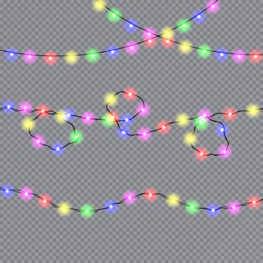Noel ışıkları izole gerçekçi tasarım öğeleri. Parlayan ışıklar Xmas tatil kartları, afişler, posterler, web tasarım için. Çelenk süsleri. Vektör çizim.