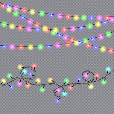 Noel ışıkları izole gerçekçi tasarım öğeleri. Parlayan ışıklar Xmas tatil kartları, afişler, posterler, web tasarım için. Çelenk süsleri. Vektör çizim.