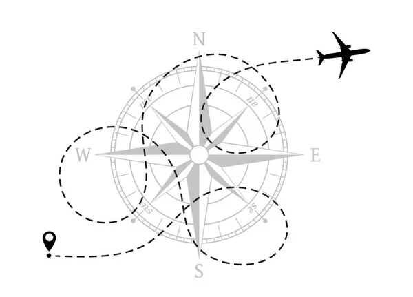 Sylwetka Samolotu Linia Lotu Róży Wiatr Turystyka Podróże Ilustracja Wektora — Wektor stockowy