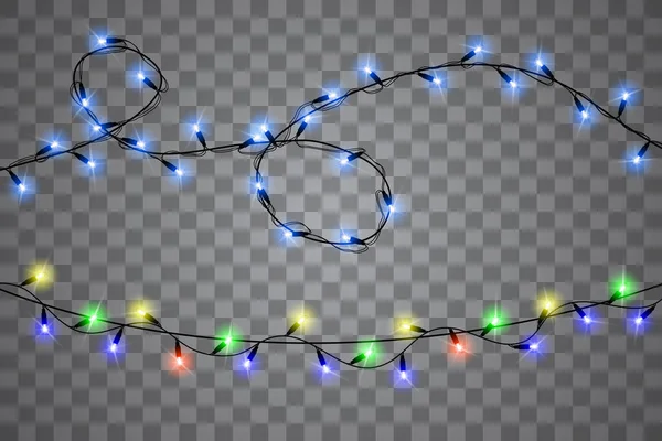 Luci Natale Isolati Elementi Design Realistici Luci Luminose Natale Biglietti — Vettoriale Stock