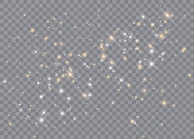 Işık efekti yıldızları. Şeffaf arkaplanda vektör ışıltısı. Noel soyut kalıbı. Parıldayan sihirli toz parçacıkları. 