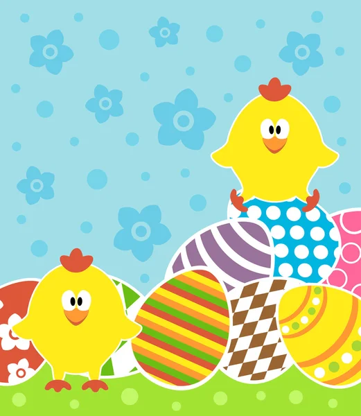 Fondo de Pascua con pollos y huevos — Vector de stock