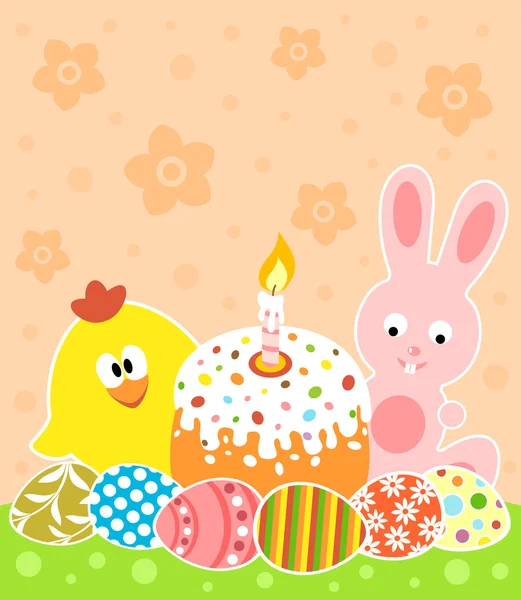 Fondo de Pascua con conejito y pollo — Vector de stock