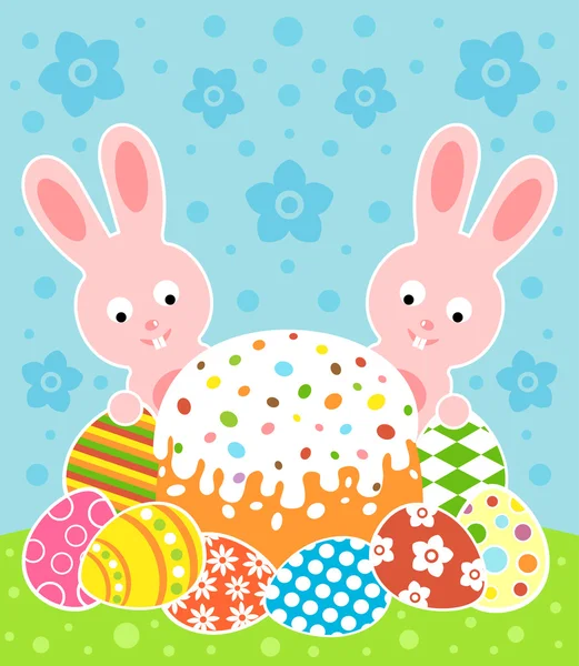 Easter background with cake and rabbits — Stock Vector
