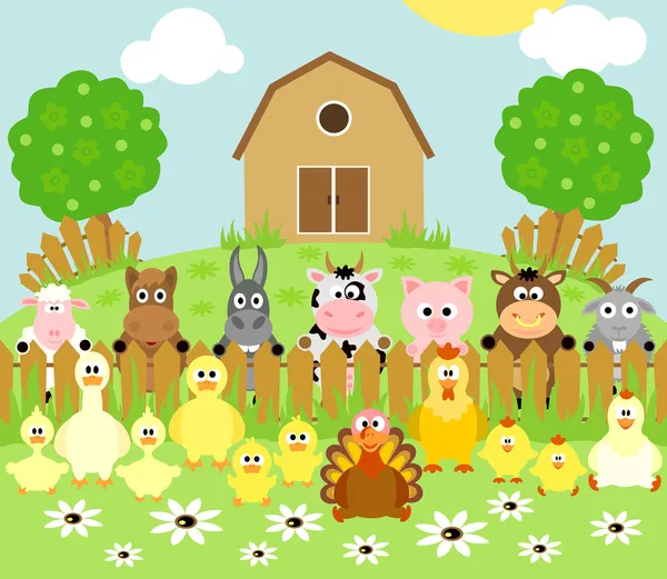 Fondo de la granja con animales — Vector de stock