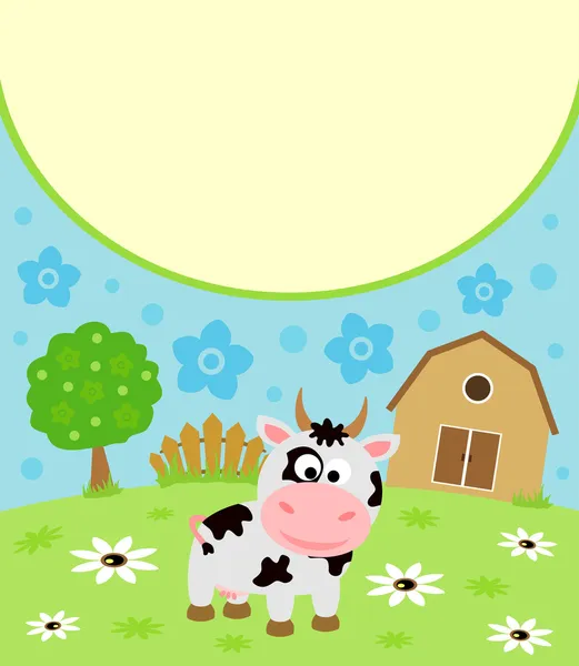 Tarjeta de dibujos animados de fondo con vaca — Vector de stock