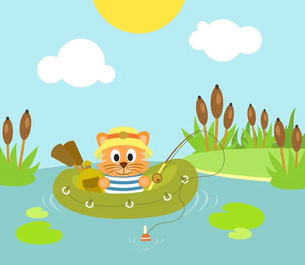 Fondo gato pesca en el lago — Vector de stock