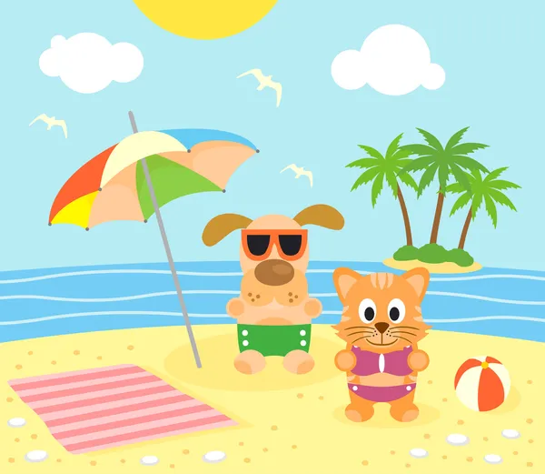 Summer background with cat and dog on the beach — Stock Vector