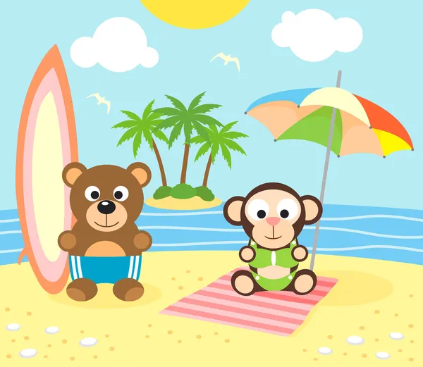 Summer background with bear and monkey on the beach — Stock Vector