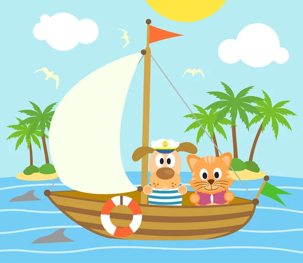 Summer background with dog and cat on a boat — Stock Vector