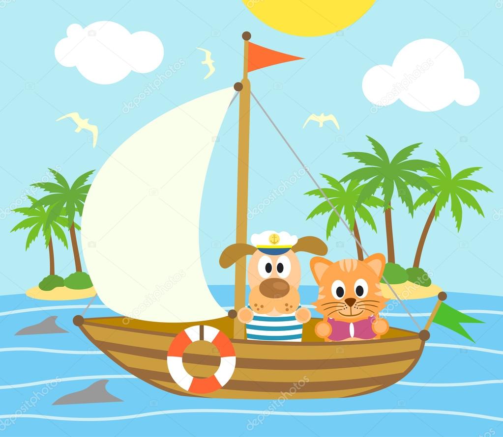 Summer background with dog and cat on a boat