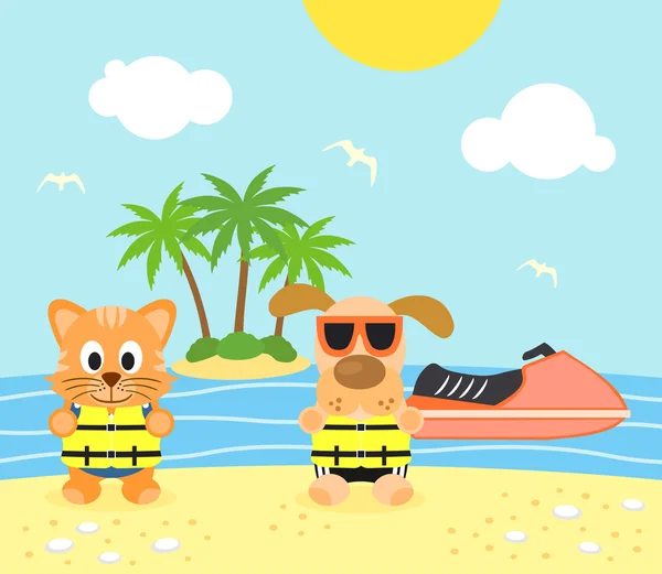 Summer background with dog and cat on the beach — Stock Vector