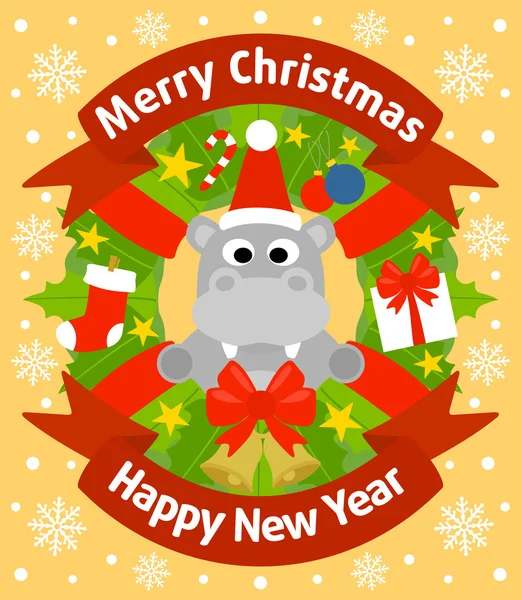 Christmas and New Year background with hippopotamus — Stock Vector