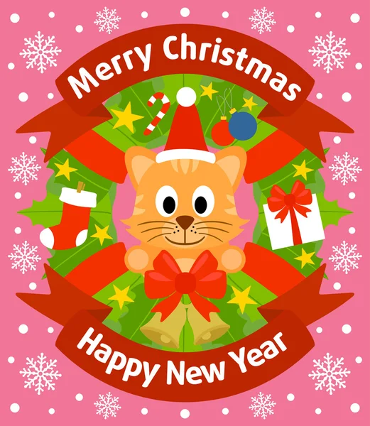 Christmas and New Year background with cat — Stock Vector