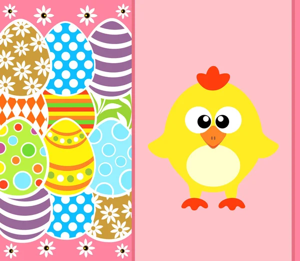 Easter background with eggs and funny chicken ,pink — Stock Vector