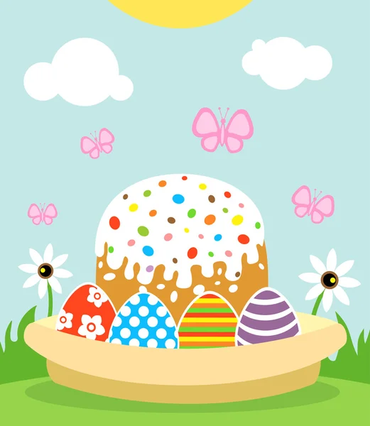 Happy Easter background with cake and eggs — Stock Vector